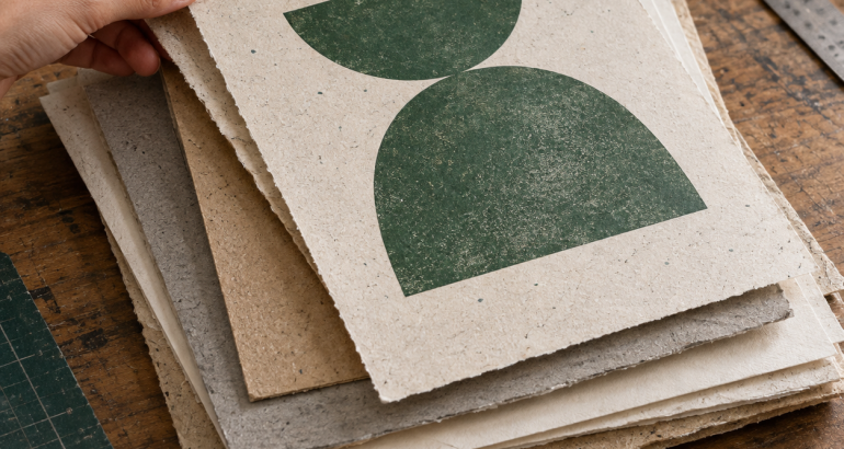 Mano sosteniendo una tarjeta impresa con diseño geométrico verde sobre una pila de papeles reciclados de distintas texturas