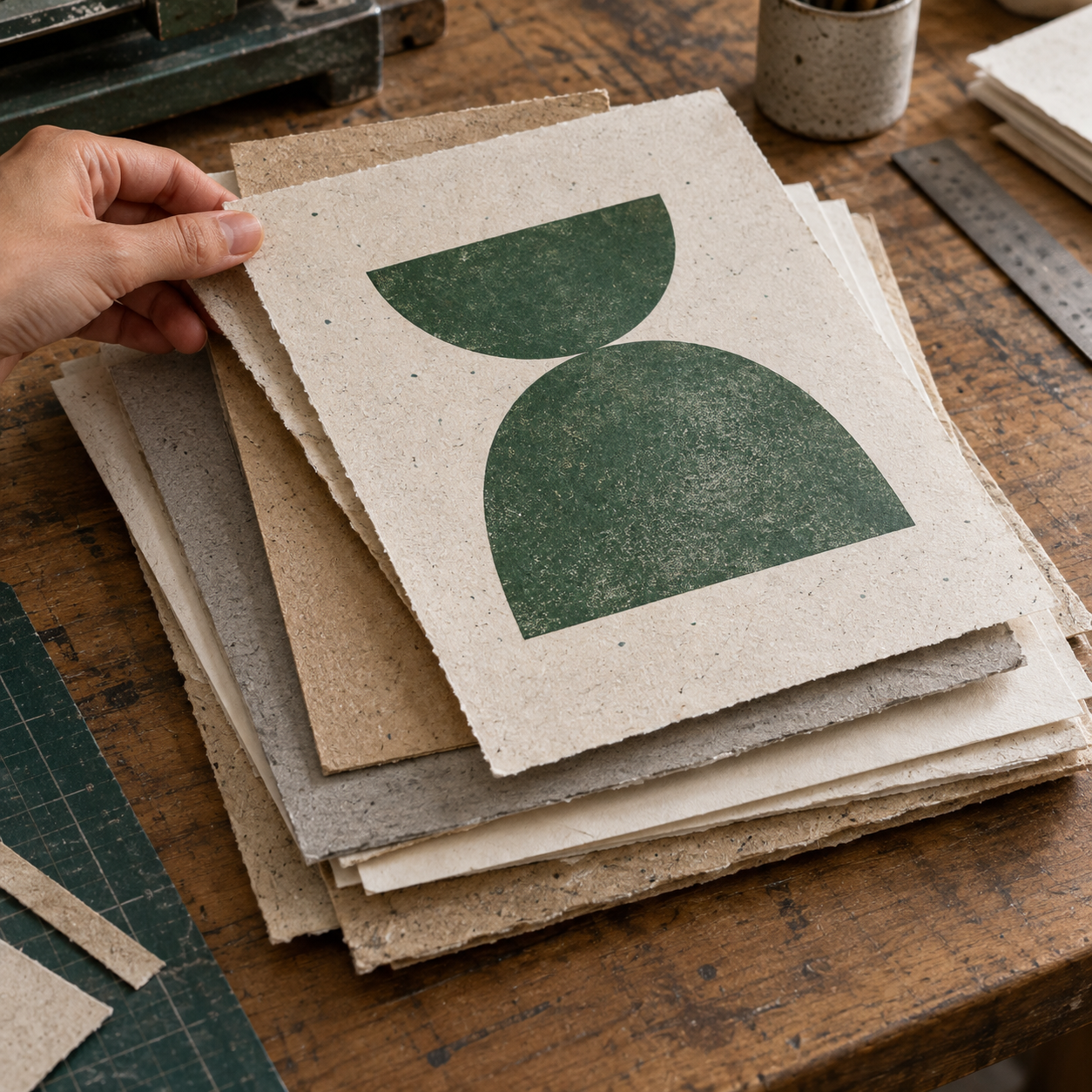 Muestras de papel reciclado y tarjeta impresa — La Imprenta Verde Mano sosteniendo una tarjeta impresa con diseño geométrico verde sobre una pila de papeles reciclados de distintas texturas