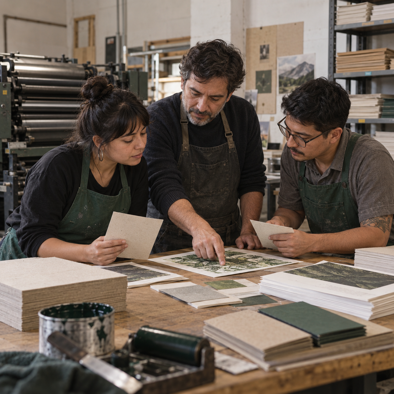 Tres integrantes del equipo de La Imprenta Verde conversando frente a una prueba de impresión sobre la mesa de trabajo del taller